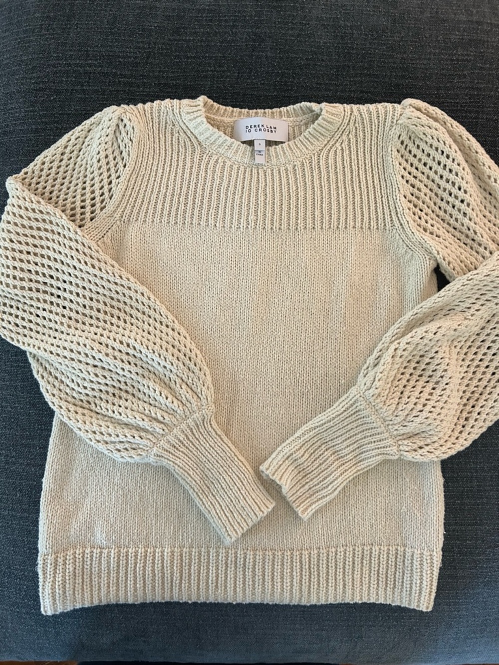 10 Crosby Derek Lam Cream Openwork Puff-Sleeve Crew Sweater
